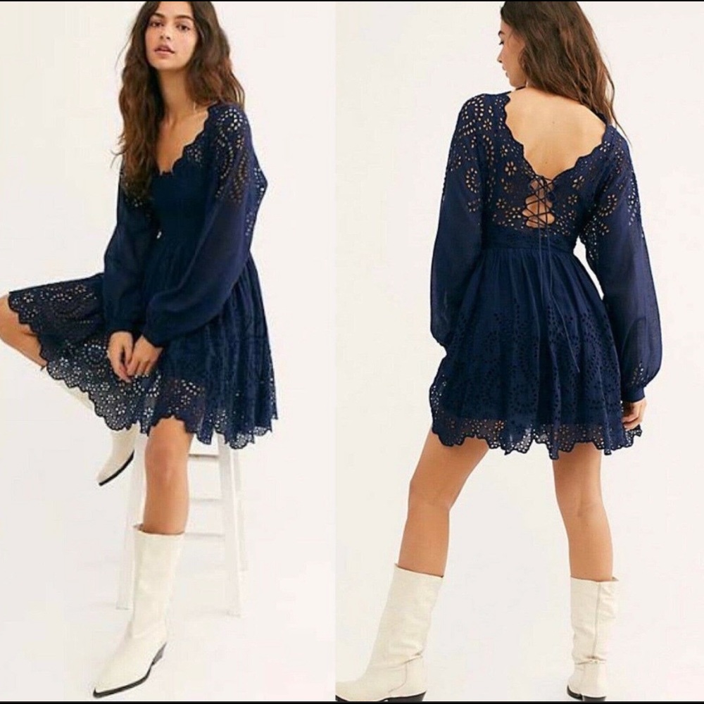 Free People Lottie Eyelet Lace Navy Mini Dress